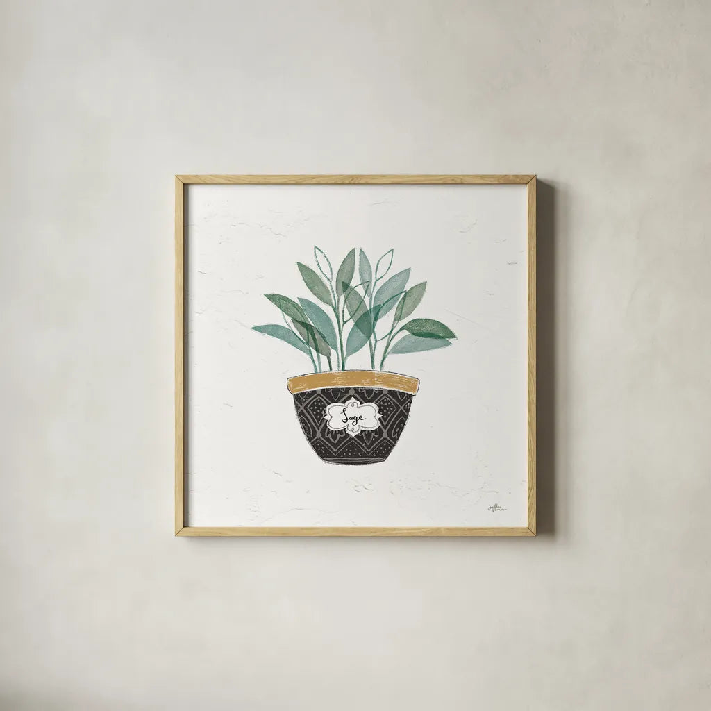 Fine Herbs VII by Janelle Penner. Shown in a natural wood glass frame for a timeless modern aesthetic. Available as an archival giclee rolled canvas, fine art paper, or poster print. SKU 34999a.