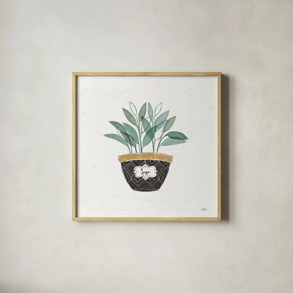 Fine Herbs VII by Janelle Penner. Shown in a natural wood glass frame for a timeless modern aesthetic. Available as an archival giclee rolled canvas, fine art paper, or poster print. SKU 34999a.