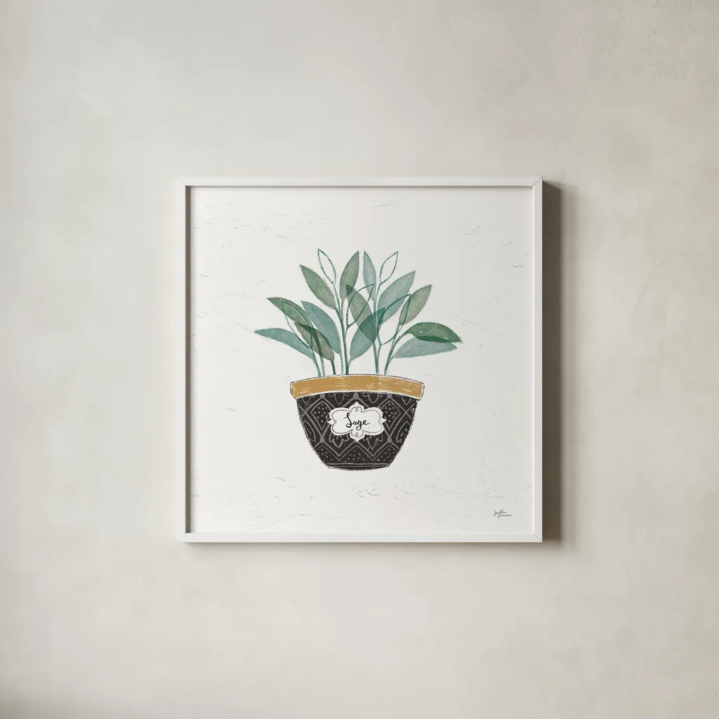 Fine Herbs VII by Janelle Penner. Shown in a crisp white glass frame for a clean and minimalist style. Available as an archival giclee rolled canvas, fine art paper, or poster print. SKU 34999a.