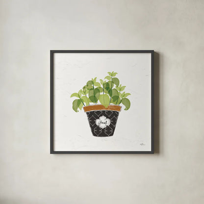 Fine Herbs VIII by Janelle Penner. Shown in a sleek black glass frame for a contemporary gallery look. Available as an archival giclee rolled canvas, fine art paper, or poster print. SKU 35000a.