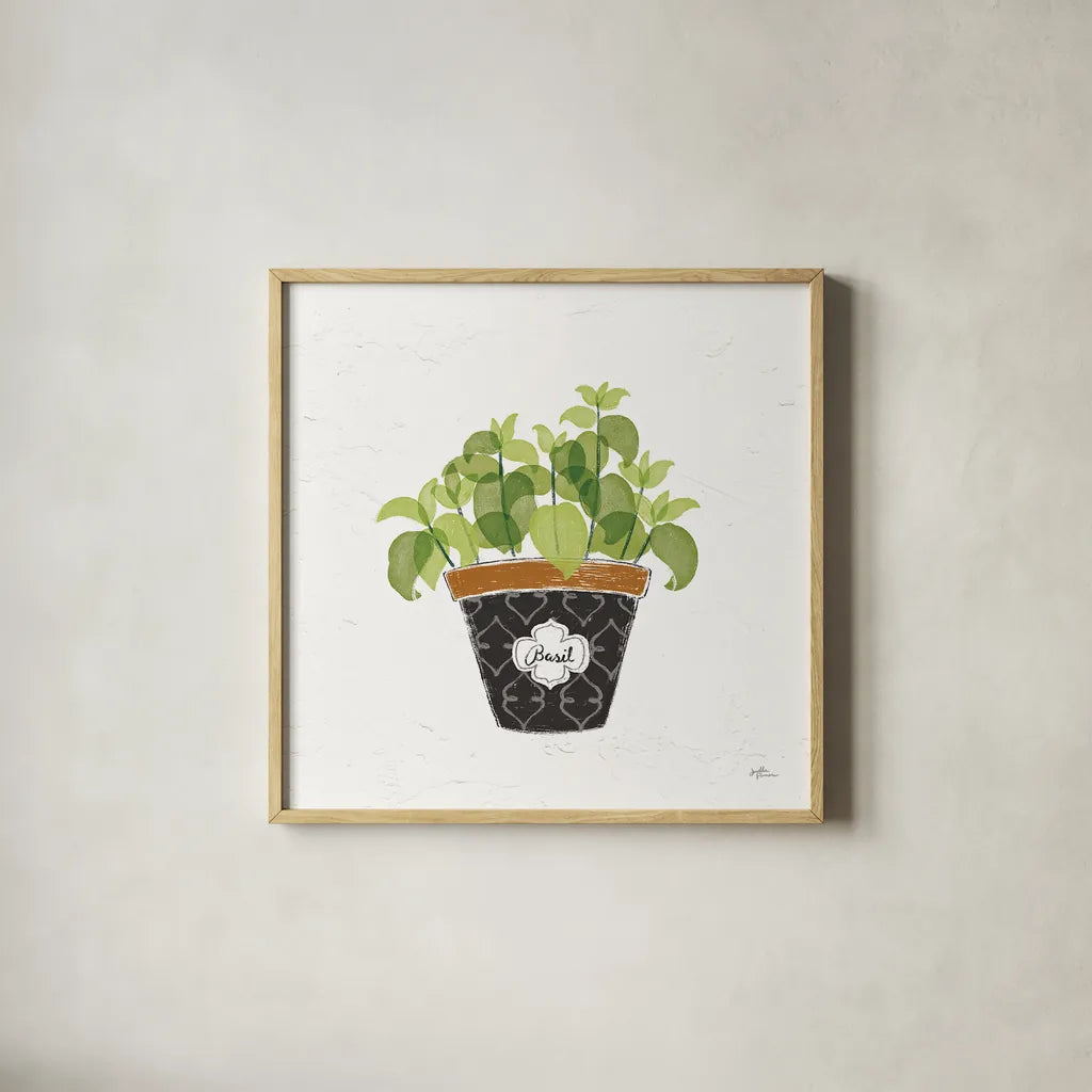 Fine Herbs VIII by Janelle Penner. Shown in a natural wood glass frame for a timeless modern aesthetic. Available as an archival giclee rolled canvas, fine art paper, or poster print. SKU 35000a.