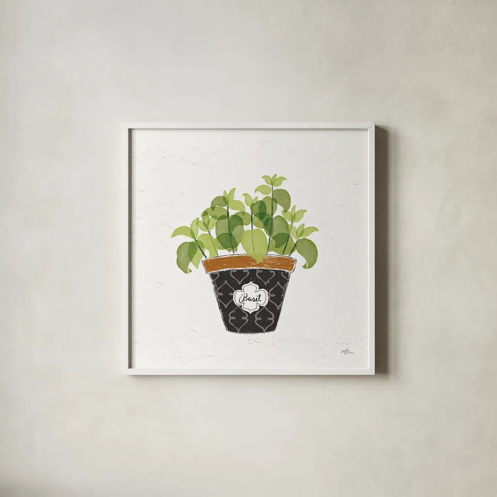 Fine Herbs VIII by Janelle Penner. Shown in a crisp white glass frame for a clean and minimalist style. Available as an archival giclee rolled canvas, fine art paper, or poster print. SKU 35000a.