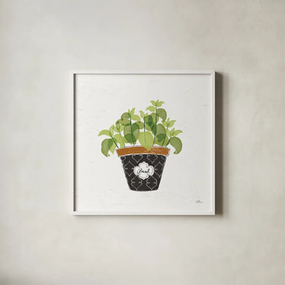 Fine Herbs VIII by Janelle Penner. Shown in a crisp white glass frame for a clean and minimalist style. Available as an archival giclee rolled canvas, fine art paper, or poster print. SKU 35000a.