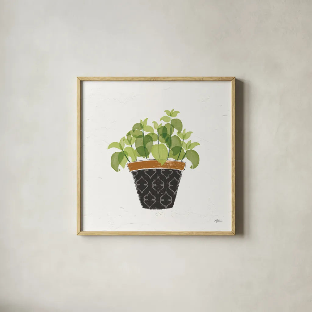 Fine Herbs VIII No Label by Janelle Penner. Shown in a natural wood glass frame for a timeless modern aesthetic. Available as an archival giclee rolled canvas, fine art paper, or poster print. SKU 69977a.