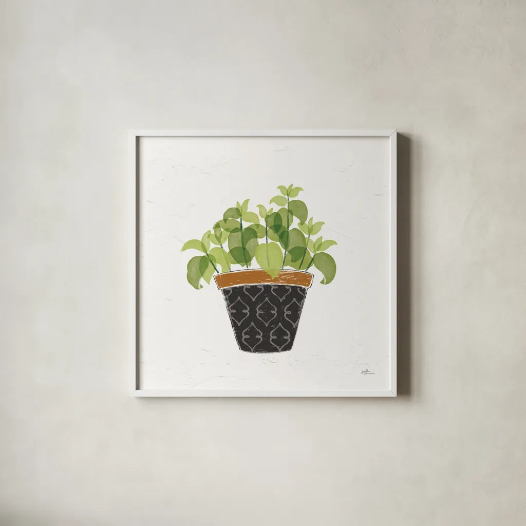 Fine Herbs VIII No Label by Janelle Penner. Shown in a crisp white glass frame for a clean and minimalist style. Available as an archival giclee rolled canvas, fine art paper, or poster print. SKU 69977a.