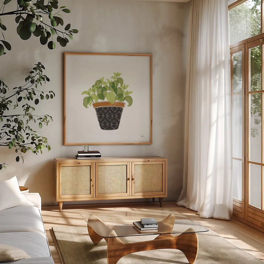 Fine Herbs VIII No Label by Janelle Penner. Shown in a natural wood frame in a cozy modern living room. Available as an archival giclee rolled canvas, fine art paper, or poster print. SKU 69977a.