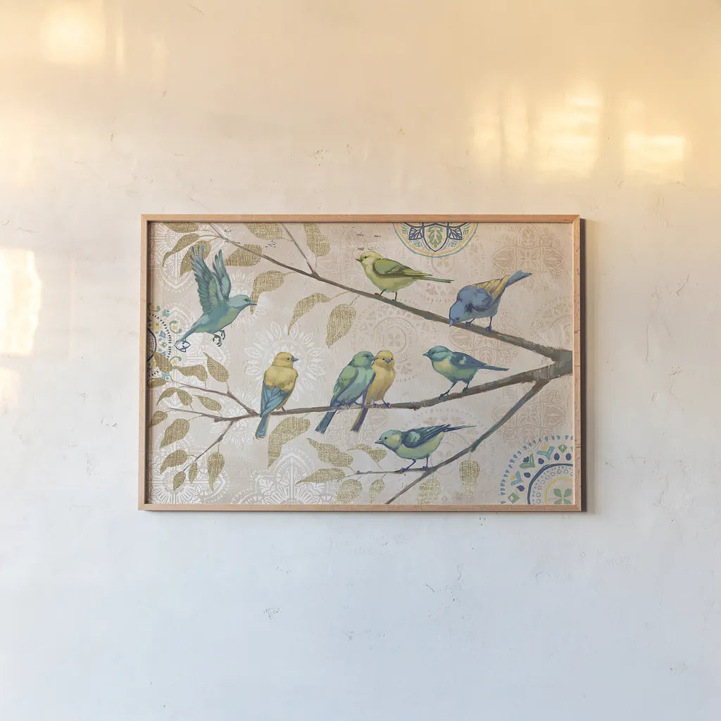 Fly Away I With Suzani by Janelle Penner. shown as a paper print in a natural frame. Available as a archival giclee rolled canvas, fine art paper, or poster print. SKU 26409i.