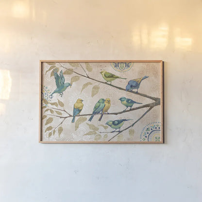 Fly Away I With Suzani by Janelle Penner. shown as a paper print in a natural frame. Available as a archival giclee rolled canvas, fine art paper, or poster print. SKU 26409i.