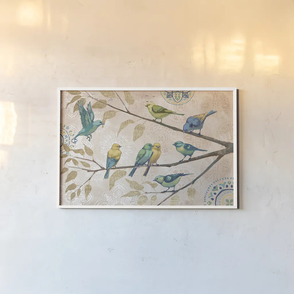 Fly Away I With Suzani by Janelle Penner. shown as a paper print in a white frame. Available as a archival giclee rolled canvas, fine art paper, or poster print. SKU 26409i.