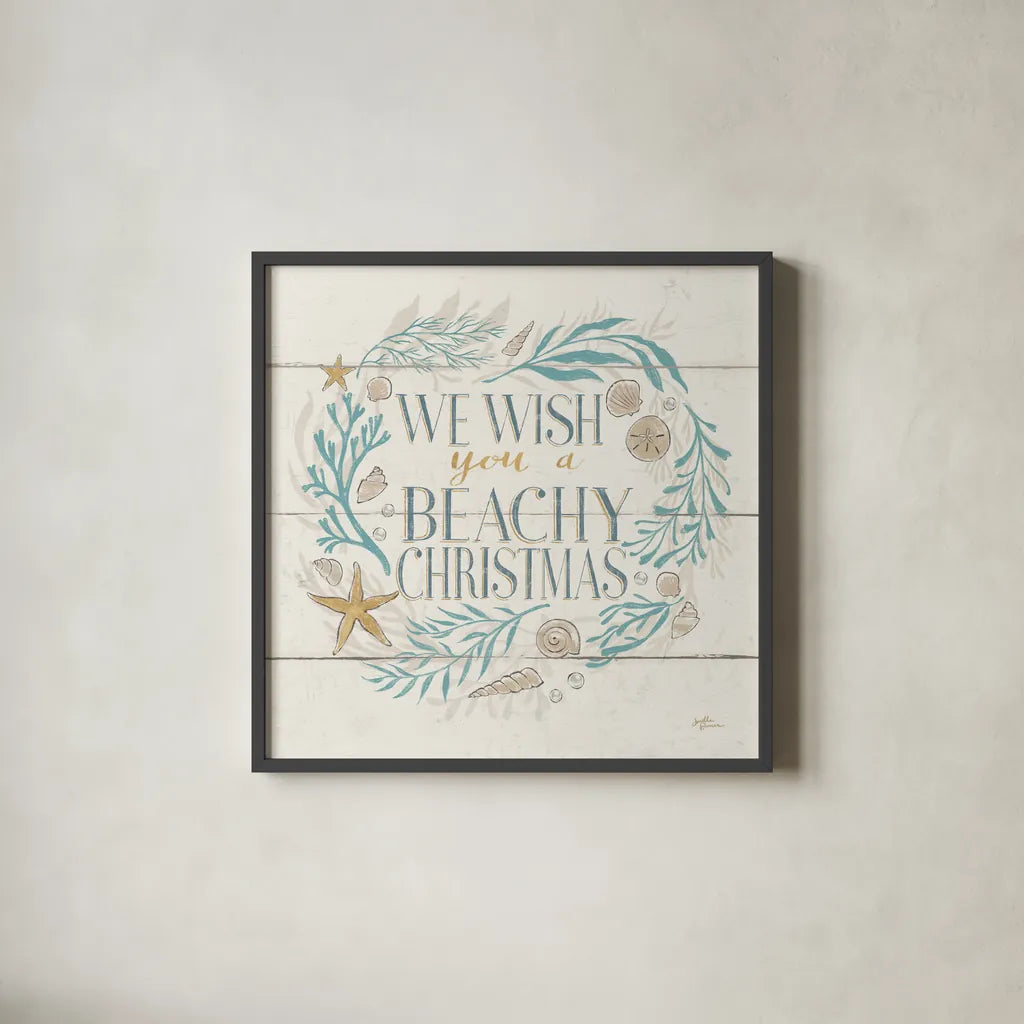 Golden Sea VI Holiday by Janelle Penner. Shown in a sleek black glass frame for a contemporary gallery look. Available as an archival giclee rolled canvas, fine art paper, or poster print. SKU 37712a.