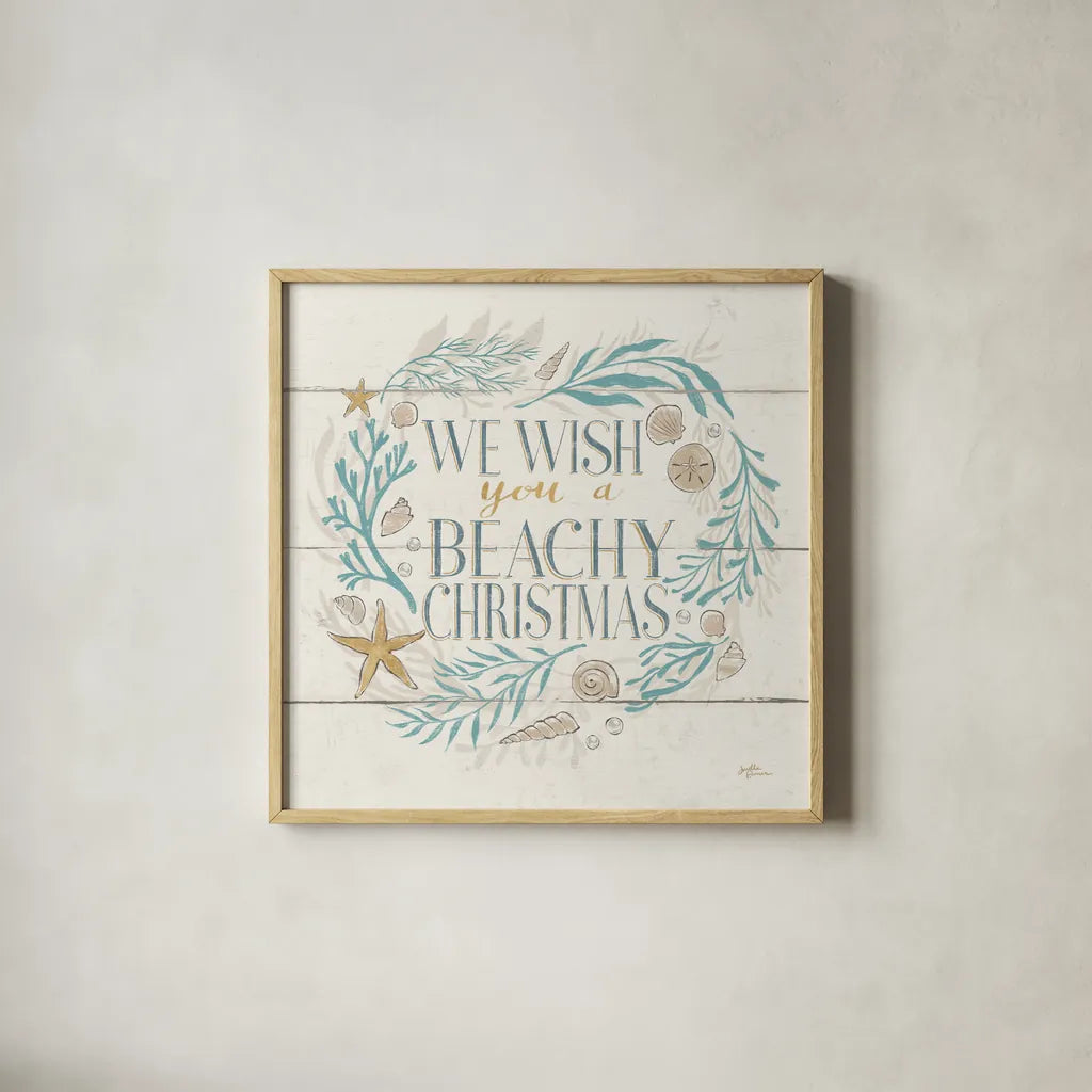 Golden Sea VI Holiday by Janelle Penner. Shown in a natural wood glass frame for a timeless modern aesthetic. Available as an archival giclee rolled canvas, fine art paper, or poster print. SKU 37712a.