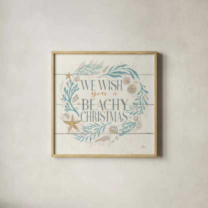 Golden Sea VI Holiday by Janelle Penner. Shown in a natural wood glass frame for a timeless modern aesthetic. Available as an archival giclee rolled canvas, fine art paper, or poster print. SKU 37712a.