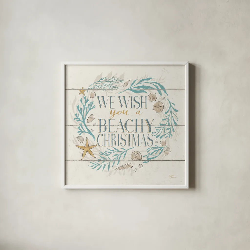 Golden Sea VI Holiday by Janelle Penner. Shown in a crisp white glass frame for a clean and minimalist style. Available as an archival giclee rolled canvas, fine art paper, or poster print. SKU 37712a.