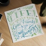 Good Friends and Great Adventures I by Janelle Penner. Shown as a detailed flat fine art print, highlighting archival giclee quality. Available as an archival giclee rolled canvas, fine art paper, or poster print. SKU 58226a.