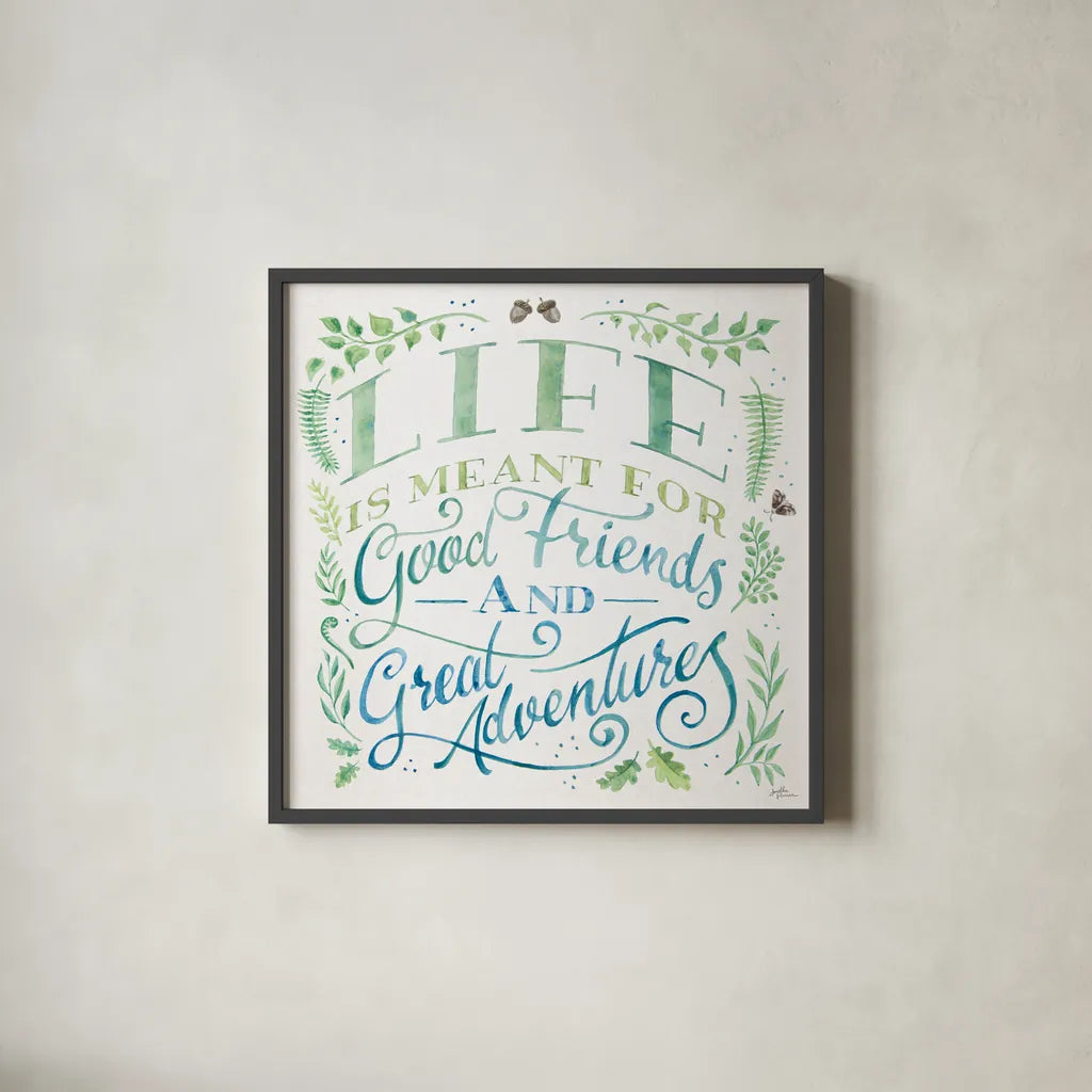 Good Friends and Great Adventures I by Janelle Penner. Shown in a sleek black glass frame for a contemporary gallery look. Available as an archival giclee rolled canvas, fine art paper, or poster print. SKU 58226a.