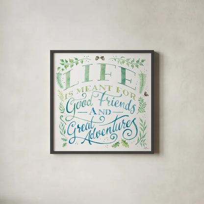 Good Friends and Great Adventures I by Janelle Penner. Shown in a sleek black glass frame for a contemporary gallery look. Available as an archival giclee rolled canvas, fine art paper, or poster print. SKU 58226a.