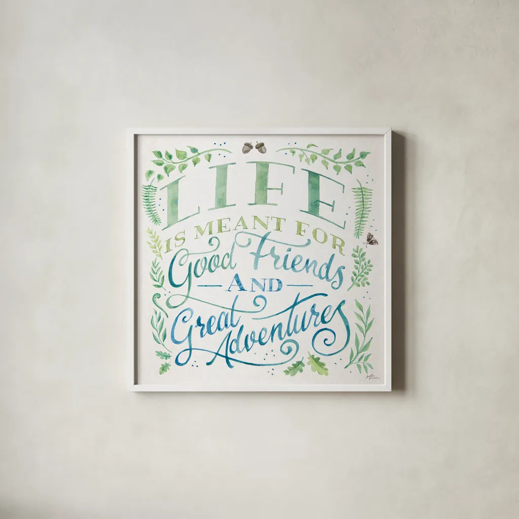 Good Friends and Great Adventures I by Janelle Penner. Shown in a crisp white glass frame for a clean and minimalist style. Available as an archival giclee rolled canvas, fine art paper, or poster print. SKU 58226a.