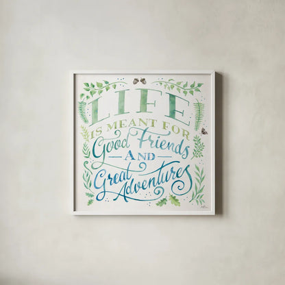 Good Friends and Great Adventures I by Janelle Penner. Shown in a crisp white glass frame for a clean and minimalist style. Available as an archival giclee rolled canvas, fine art paper, or poster print. SKU 58226a.