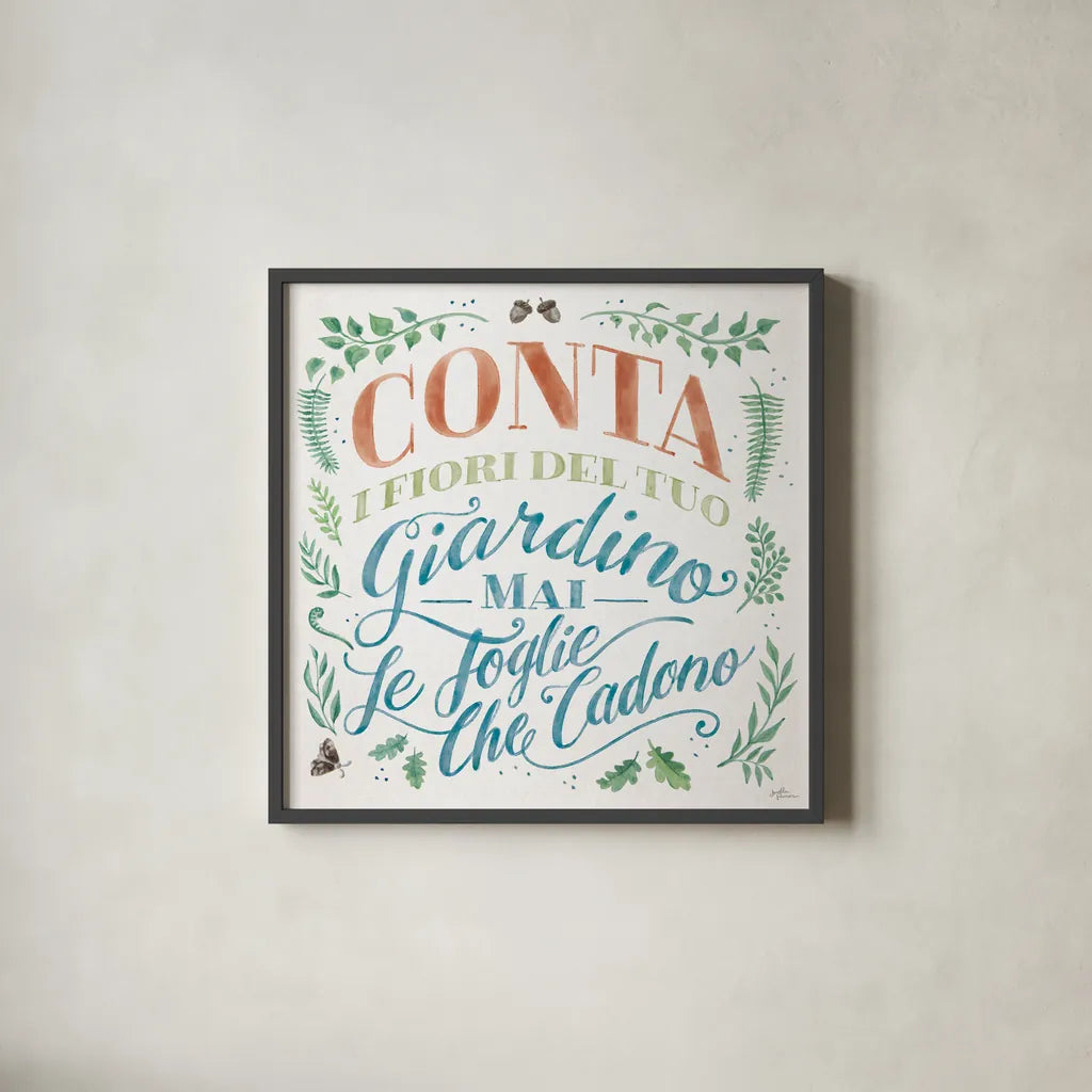 Good Friends and Great Adventures I Life Italian by Janelle Penner. Shown in a sleek black glass frame for a contemporary gallery look. Available as an archival giclee rolled canvas, fine art paper, or poster print. SKU 71844a.