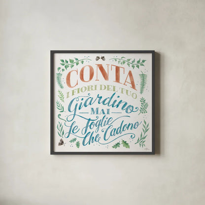 Good Friends and Great Adventures I Life Italian by Janelle Penner. Shown in a sleek black glass frame for a contemporary gallery look. Available as an archival giclee rolled canvas, fine art paper, or poster print. SKU 71844a.