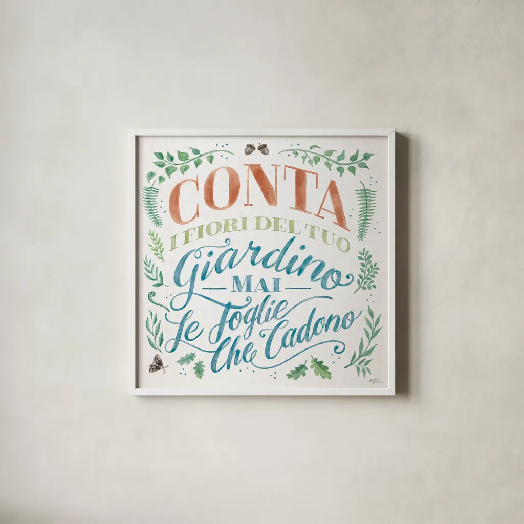 Good Friends and Great Adventures I Life Italian by Janelle Penner. Shown in a crisp white glass frame for a clean and minimalist style. Available as an archival giclee rolled canvas, fine art paper, or poster print. SKU 71844a.