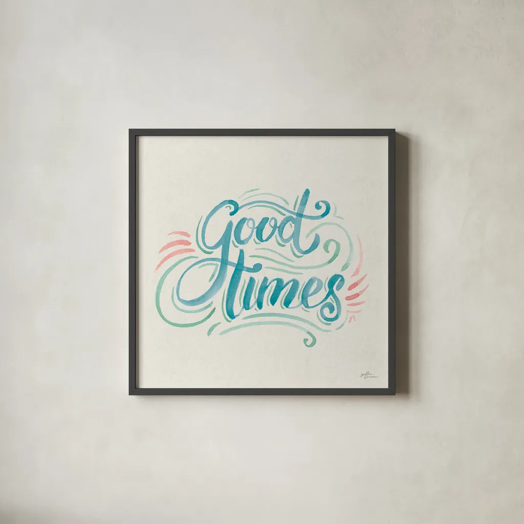 Good Times I by Janelle Penner. Shown in a sleek black glass frame for a contemporary gallery look. Available as an archival giclee rolled canvas, fine art paper, or poster print. SKU 58801a.