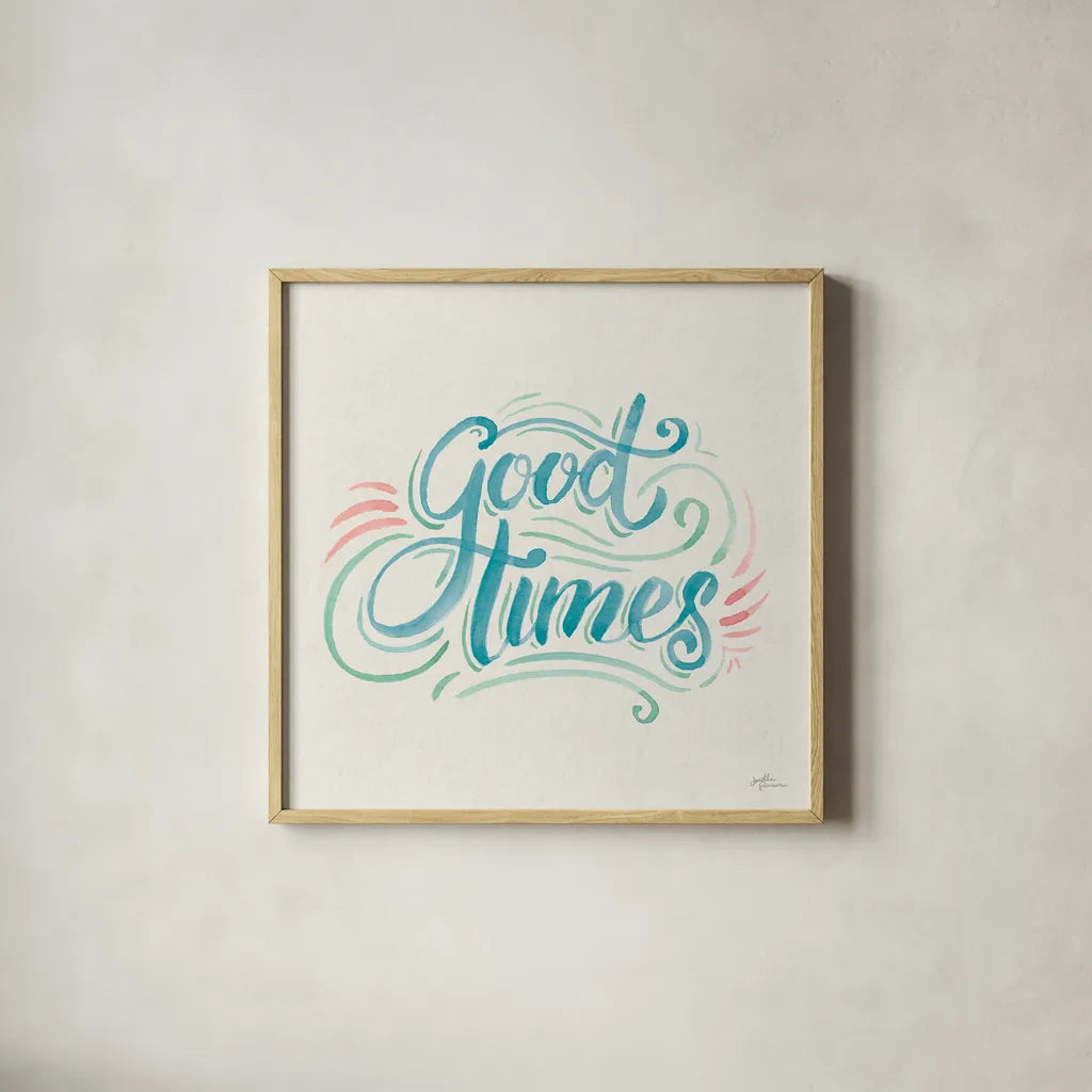 Good Times I by Janelle Penner. Shown in a natural wood glass frame for a timeless modern aesthetic. Available as an archival giclee rolled canvas, fine art paper, or poster print. SKU 58801a.