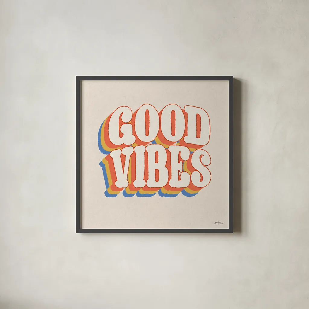 Good Vibes I by Janelle Penner. Shown in a sleek black glass frame for a contemporary gallery look. Available as an archival giclee rolled canvas, fine art paper, or poster print. SKU 65224a.