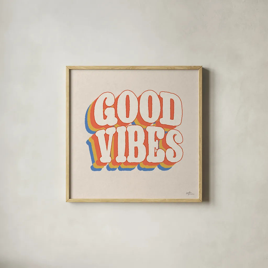 Good Vibes I by Janelle Penner. Shown in a natural wood glass frame for a timeless modern aesthetic. Available as an archival giclee rolled canvas, fine art paper, or poster print. SKU 65224a.