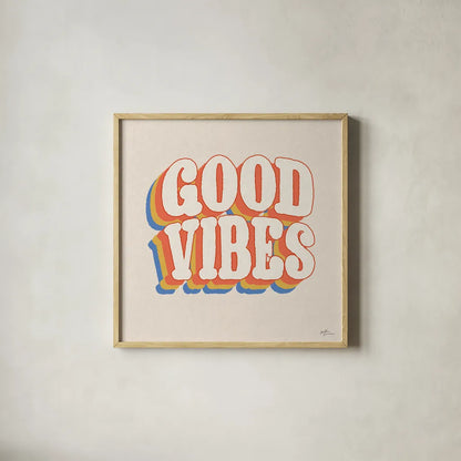Good Vibes I by Janelle Penner. Shown in a natural wood glass frame for a timeless modern aesthetic. Available as an archival giclee rolled canvas, fine art paper, or poster print. SKU 65224a.