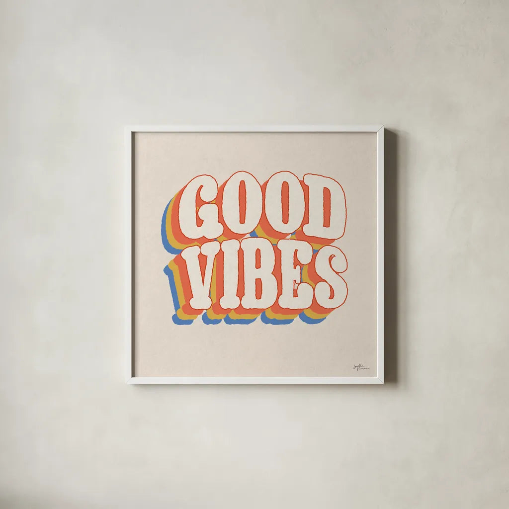 Good Vibes I by Janelle Penner. Shown in a crisp white glass frame for a clean and minimalist style. Available as an archival giclee rolled canvas, fine art paper, or poster print. SKU 65224a.