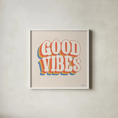 Good Vibes I by Janelle Penner. Shown in a crisp white glass frame for a clean and minimalist style. Available as an archival giclee rolled canvas, fine art paper, or poster print. SKU 65224a.