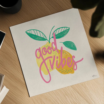 Good Vibes Lemons I by Janelle Penner. Shown as a detailed flat fine art print, highlighting archival giclee quality. Available as an archival giclee rolled canvas, fine art paper, or poster print. SKU 65225a.