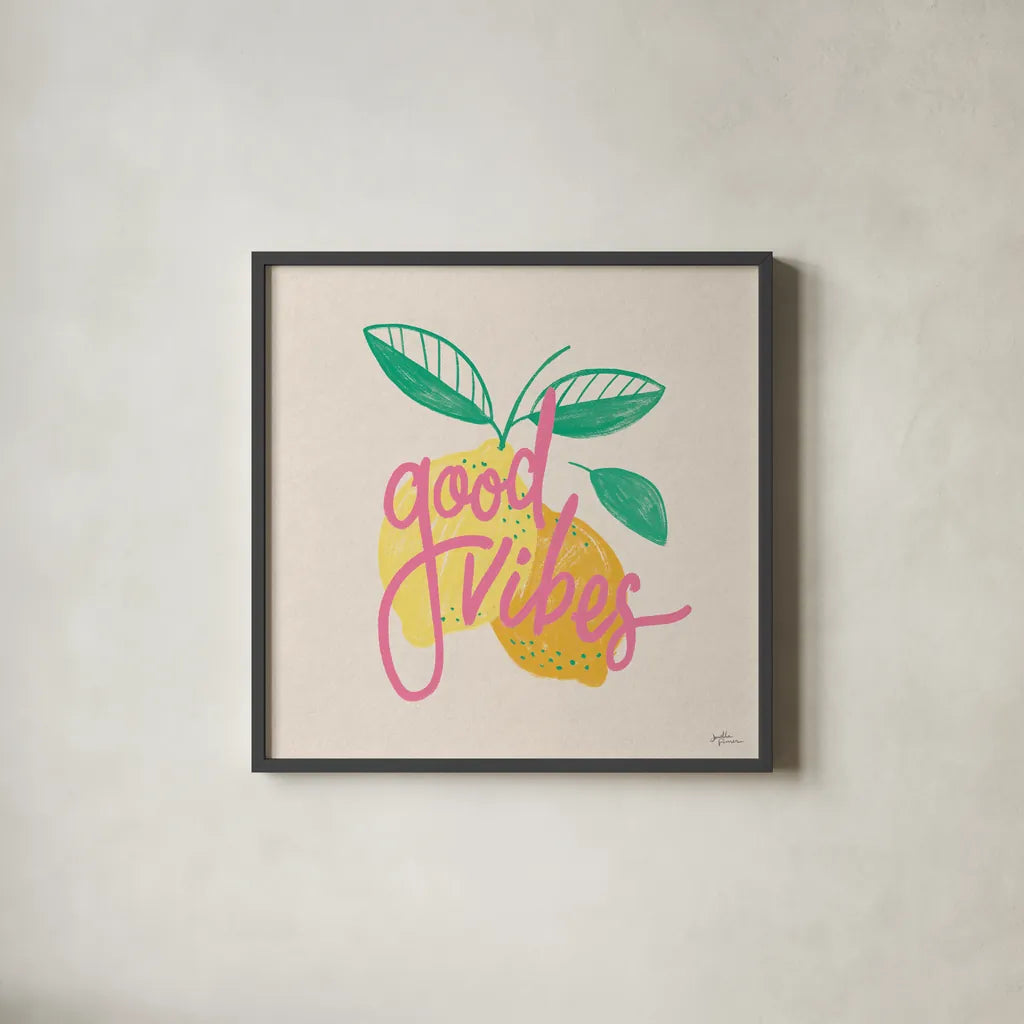 Good Vibes Lemons I by Janelle Penner. Shown in a sleek black glass frame for a contemporary gallery look. Available as an archival giclee rolled canvas, fine art paper, or poster print. SKU 65225a.