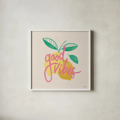 Good Vibes Lemons I by Janelle Penner. Shown in a crisp white glass frame for a clean and minimalist style. Available as an archival giclee rolled canvas, fine art paper, or poster print. SKU 65225a.