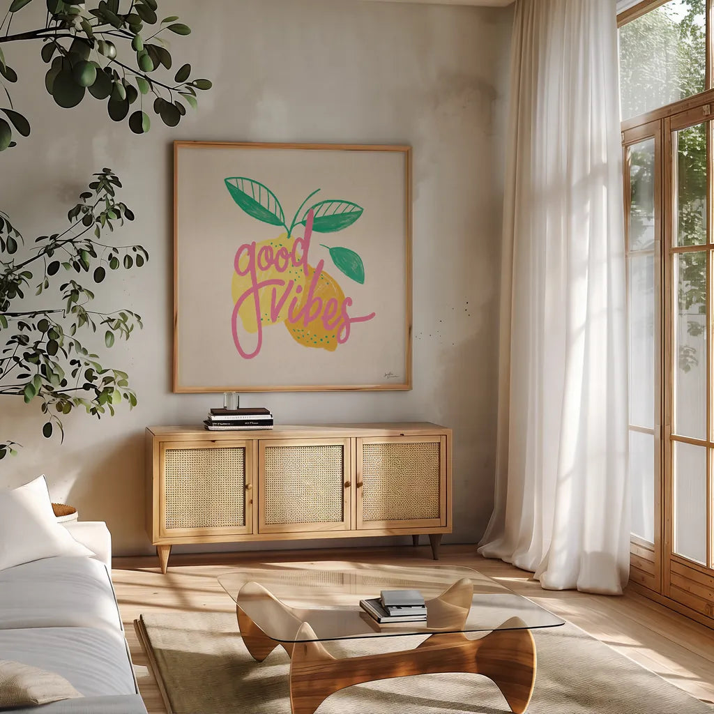 Good Vibes Lemons I by Janelle Penner. Shown in a natural wood frame in a cozy modern living room. Available as an archival giclee rolled canvas, fine art paper, or poster print. SKU 65225a.