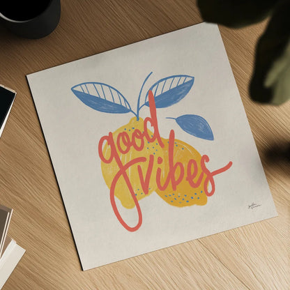 Good Vibes Lemons I Bright by Janelle Penner. Shown as a detailed flat fine art print, highlighting archival giclee quality. Available as an archival giclee rolled canvas, fine art paper, or poster print. SKU 70946a.