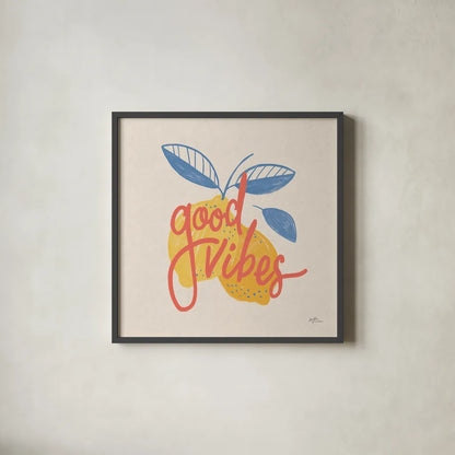 Good Vibes Lemons I Bright by Janelle Penner. Shown in a sleek black glass frame for a contemporary gallery look. Available as an archival giclee rolled canvas, fine art paper, or poster print. SKU 70946a.