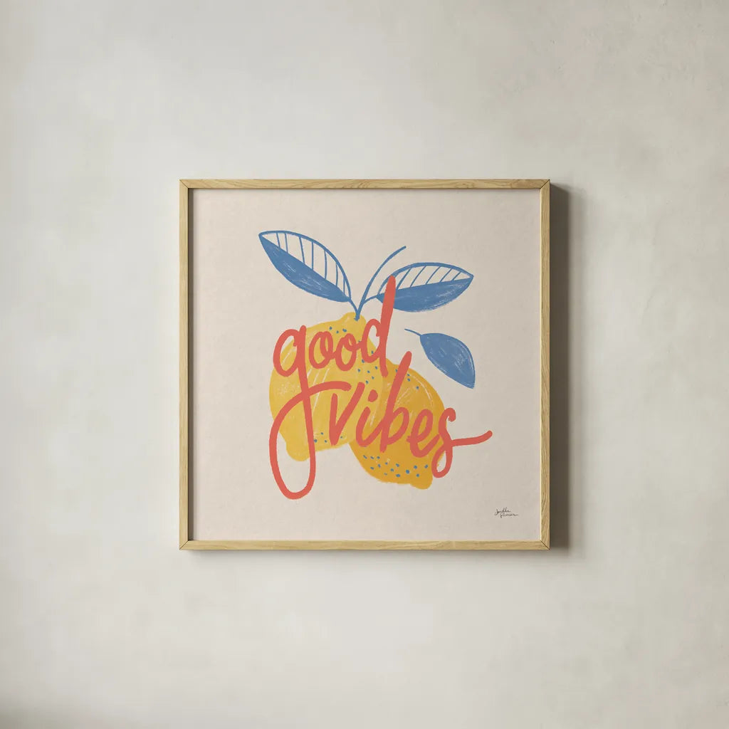 Good Vibes Lemons I Bright by Janelle Penner. Shown in a natural wood glass frame for a timeless modern aesthetic. Available as an archival giclee rolled canvas, fine art paper, or poster print. SKU 70946a.