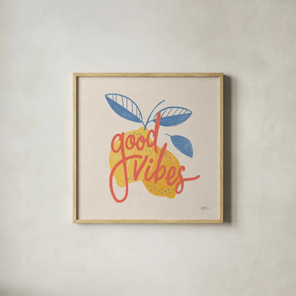 Good Vibes Lemons I Bright by Janelle Penner. Shown in a natural wood glass frame for a timeless modern aesthetic. Available as an archival giclee rolled canvas, fine art paper, or poster print. SKU 70946a.