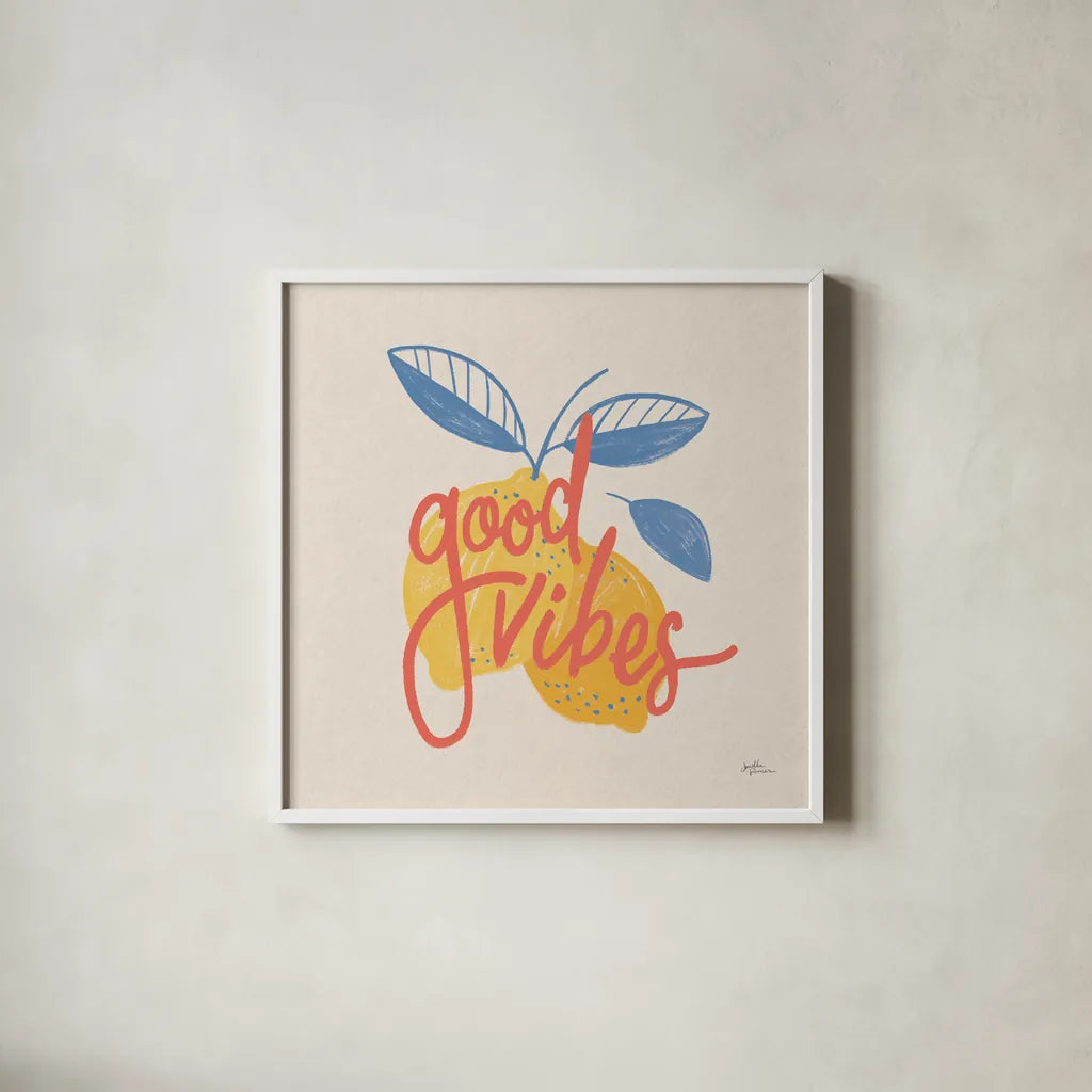 Good Vibes Lemons I Bright by Janelle Penner. Shown in a crisp white glass frame for a clean and minimalist style. Available as an archival giclee rolled canvas, fine art paper, or poster print. SKU 70946a.