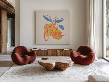 Good Vibes Lemons I Bright by Janelle Penner. Shown as extra-large giant wall art in a modern living room. Available as an archival giclee rolled canvas, fine art paper, or poster print. SKU 70946a.