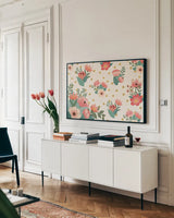 Gorgeous I by Janelle Penner. shown as a framed stretched canvas in a living room above a console. Available as a archival giclee rolled canvas, fine art paper, or poster print. SKU 33015i.