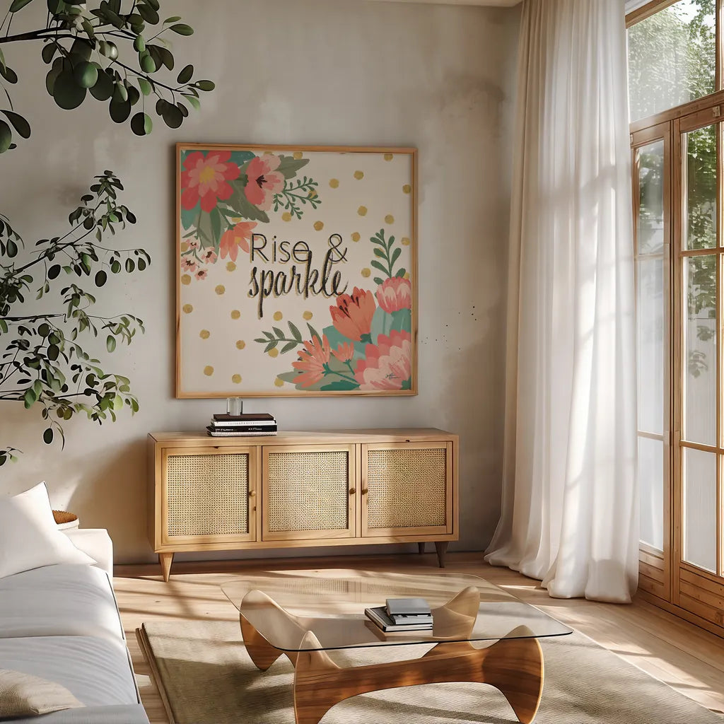 Gorgeous IV by Janelle Penner. Shown in a natural wood frame in a cozy modern living room. Available as an archival giclee rolled canvas, fine art paper, or poster print. SKU 33018a.