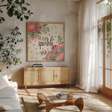 Gorgeous IV Pink by Janelle Penner. Shown in a natural wood frame in a cozy modern living room. Available as an archival giclee rolled canvas, fine art paper, or poster print. SKU 35098a.