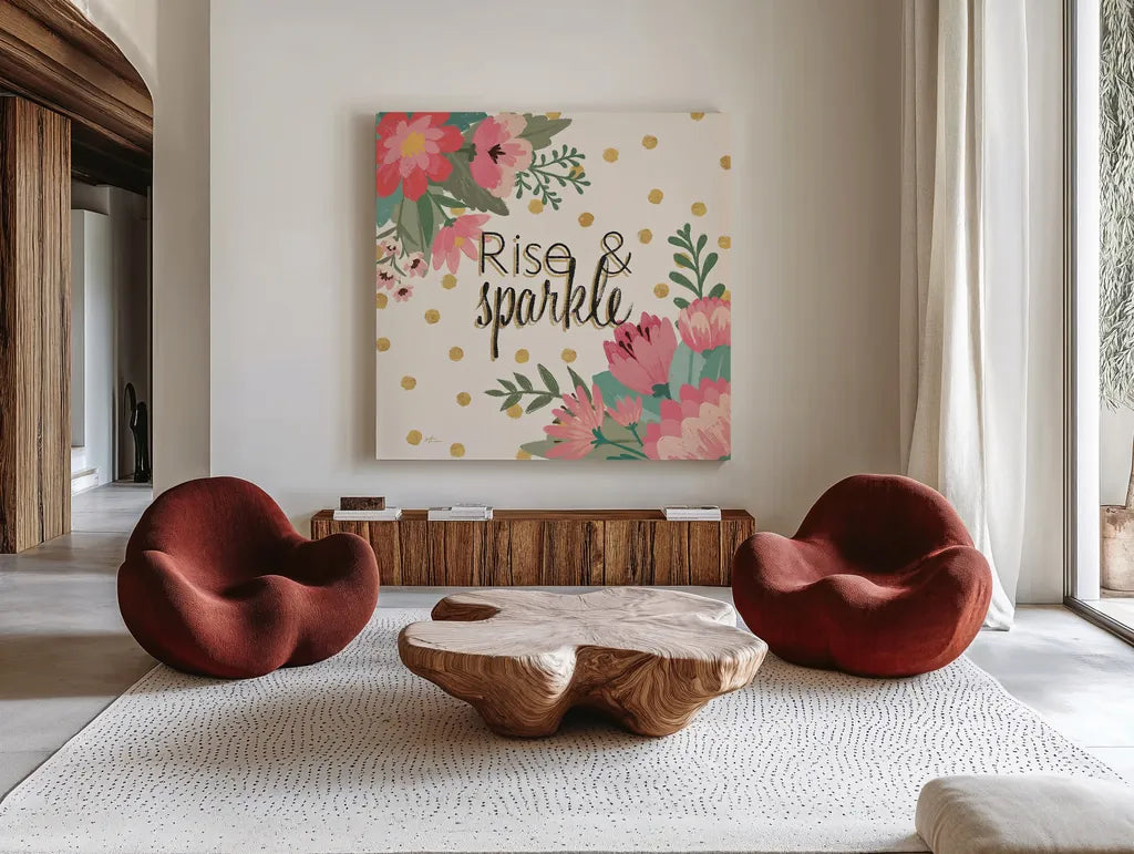 Gorgeous IV Pink by Janelle Penner. Shown as extra-large giant wall art in a modern living room. Available as an archival giclee rolled canvas, fine art paper, or poster print. SKU 35098a.