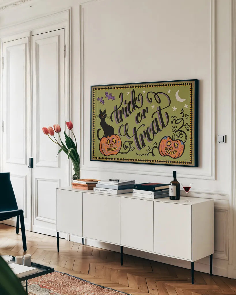 Halloween Expressions I by Janelle Penner. shown as a framed stretched canvas in a living room above a console. Available as a archival giclee rolled canvas, fine art paper, or poster print. SKU 81653i.