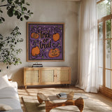 Halloween Expressions II by Janelle Penner. Shown in a natural wood frame in a cozy modern living room. Available as an archival giclee rolled canvas, fine art paper, or poster print. SKU 81654a.