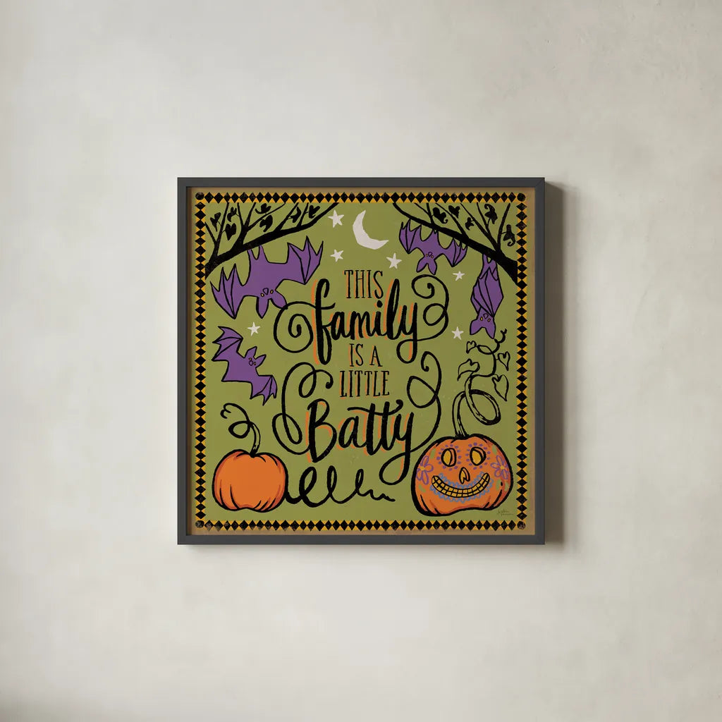 Halloween Expressions III by Janelle Penner. Shown in a sleek black glass frame for a contemporary gallery look. Available as an archival giclee rolled canvas, fine art paper, or poster print. SKU 81655a.