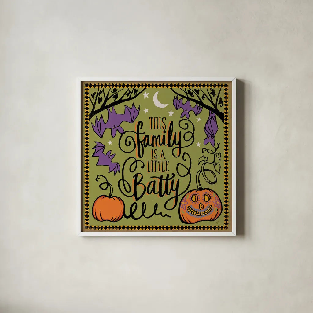 Halloween Expressions III by Janelle Penner. Shown in a crisp white glass frame for a clean and minimalist style. Available as an archival giclee rolled canvas, fine art paper, or poster print. SKU 81655a.